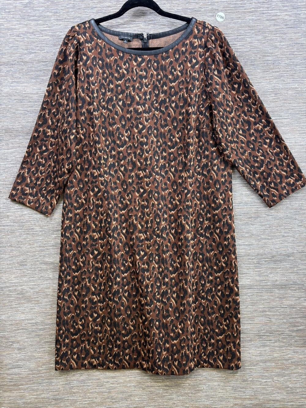 Talbots Faux Leather Trim A-Line Dress Womens Size 16 Leopard Print 3/4 Sleeve